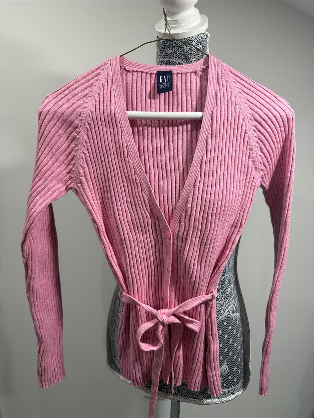 Vintage Y2K GAP Pink Ribbed Tie-Waist Cardigan
